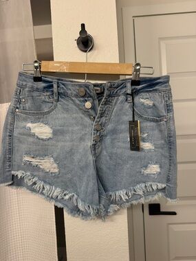 refuge Light Blue Distressed Denim Button-Fly Shorts